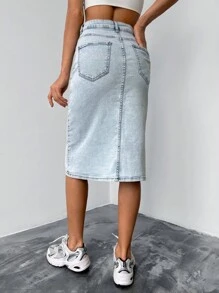EURMUSE Button Front Split Thigh Denim Skirt - Light Wash - View 2