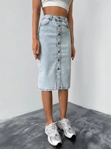 EURMUSE Button Front Split Thigh Denim Skirt - Light Wash - View 3