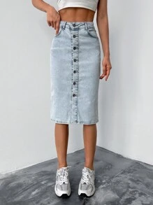EURMUSE Button Front Split Thigh Denim Skirt - Light Wash - View 4