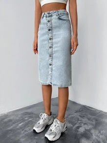 EURMUSE Button Front Split Thigh Denim Skirt - Light Wash - View 5