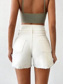 EURMUSE Split Raw Hem Denim Shorts - Beige - View 2