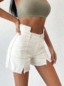 EURMUSE Split Raw Hem Denim Shorts - Beige - View 3