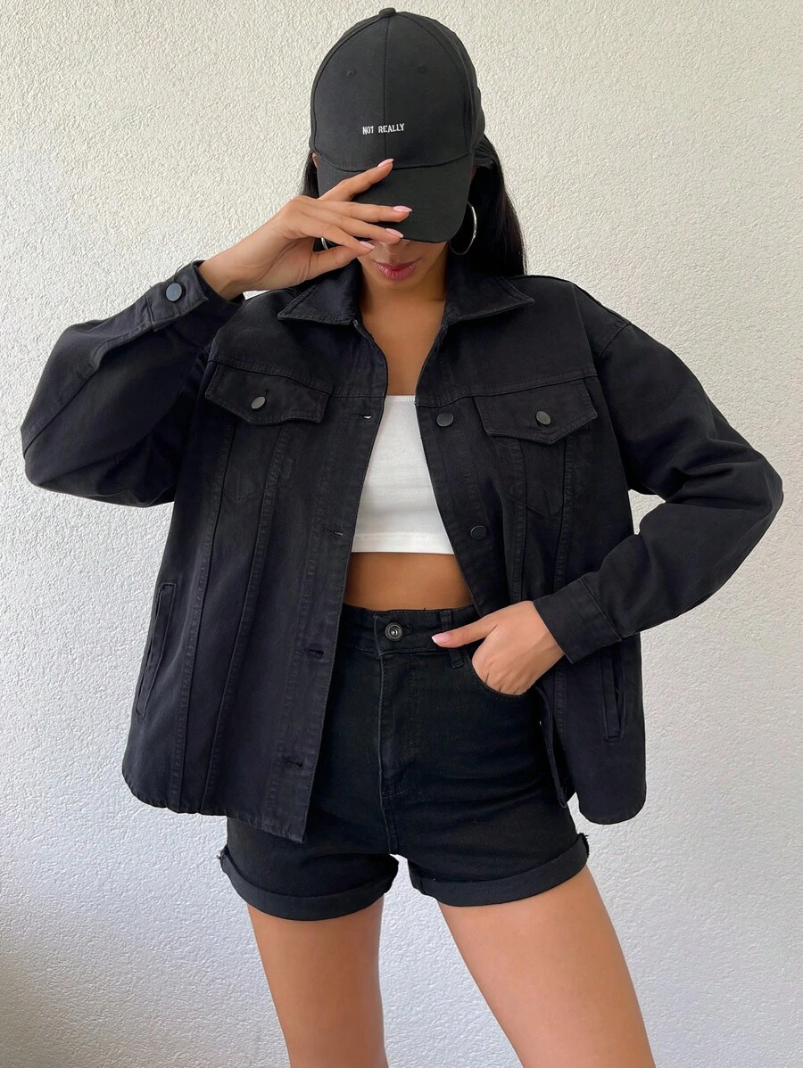 Cottnline 翻蓋細節落肩袖牛仔夾克 - 黑色 - 查看 1