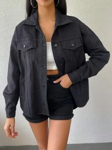 Cottnline 翻蓋細節落肩袖牛仔夾克 - 黑色 - 查看 3