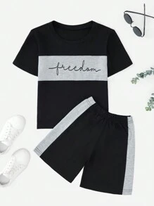 SHEIN Cottnline Boys Letter Graphic Colorblock Tee & Shorts - الأحمر - مشاهدة 1