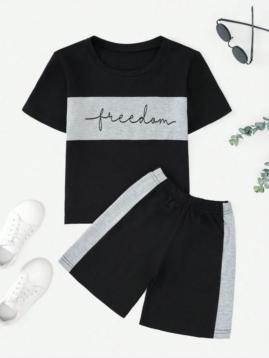 SHEIN Cottnline Boys Letter Graphic Colorblock Tee & Shorts - الأحمر - مشاهدة 1