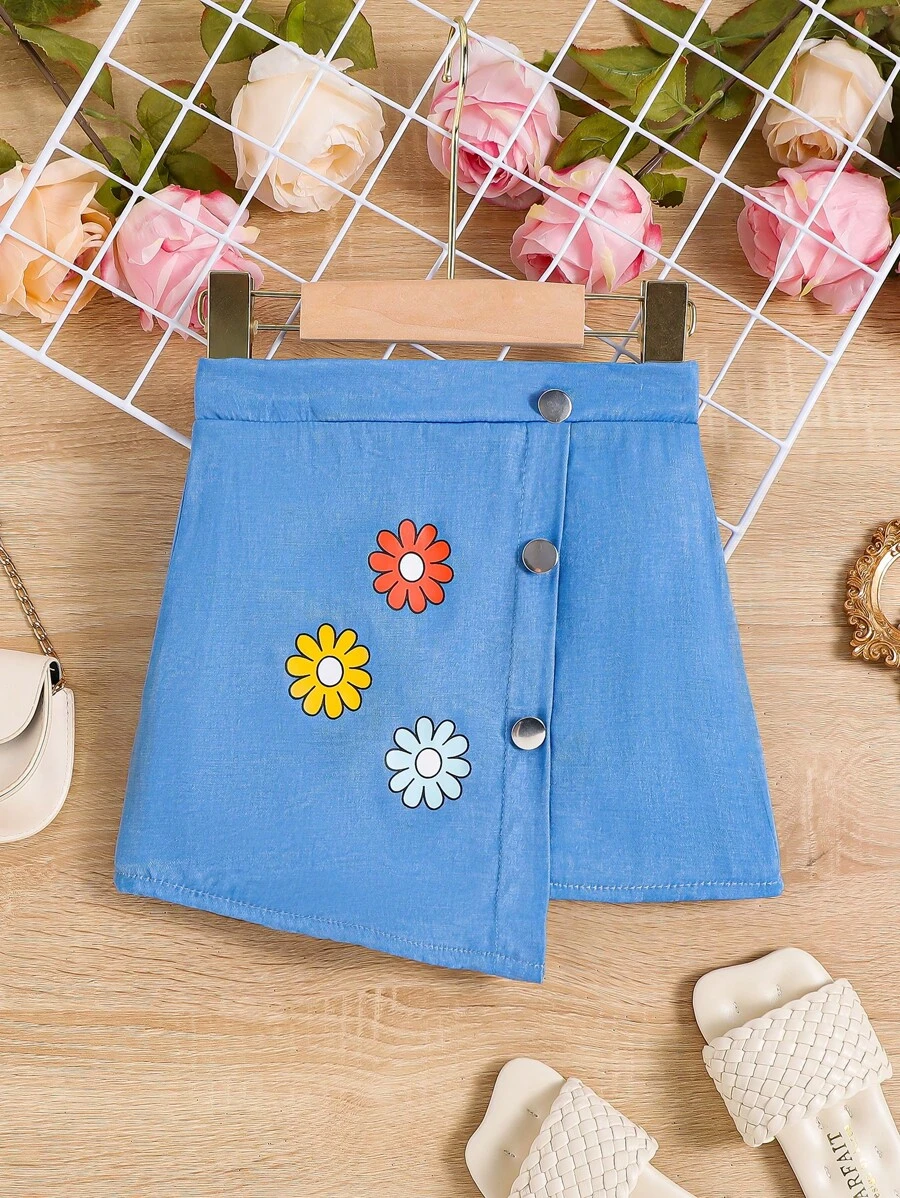 Váy bé gái Nút phía trước Bất đối xứng Hoa - Rửa trung bình - Xem 1