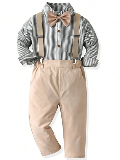 SHEIN Young Boy Striped Bow Front Shirt & Pinafore Pants Set Chic Outfits For Autumn/Winter