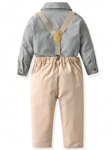 SHEIN Young Boy Striped Bow Front Shirt & Pinafore Pants Set Chic Outfits For Autumn/Winter - Multicolor - View 2