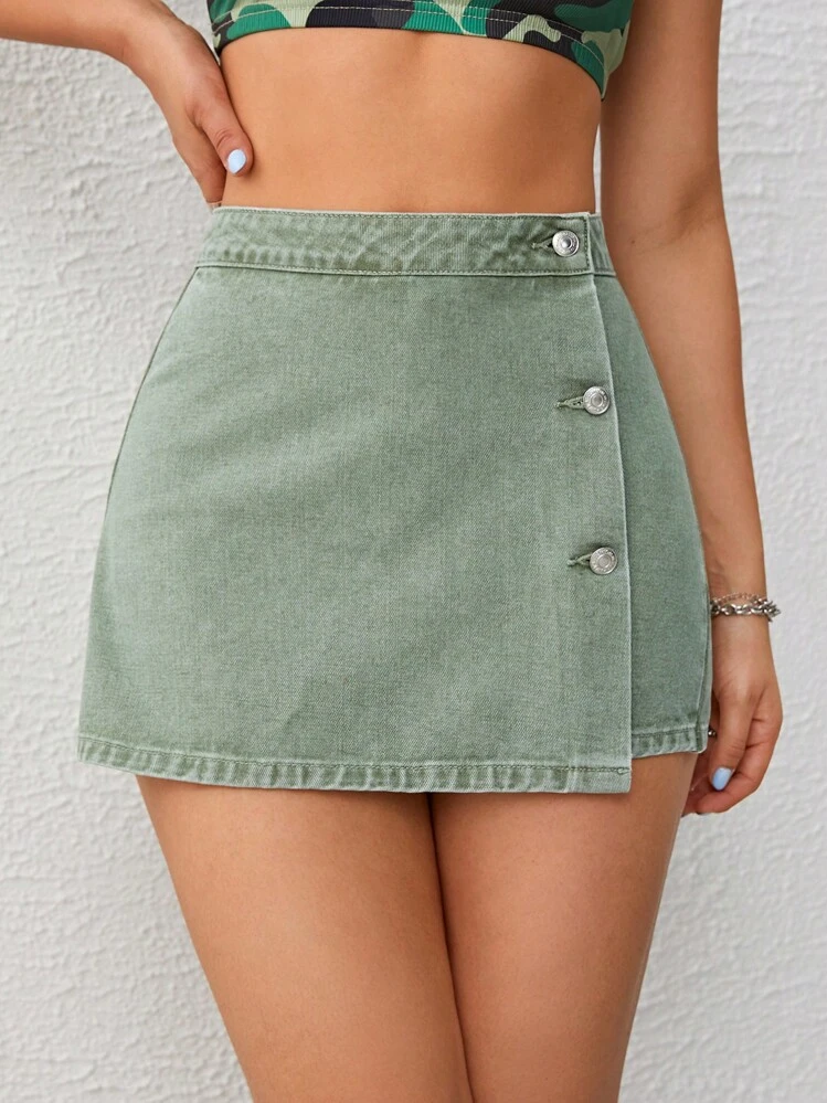 SHEIN EZwear Botão Frontal Skort Denim - Verde - Visão 1