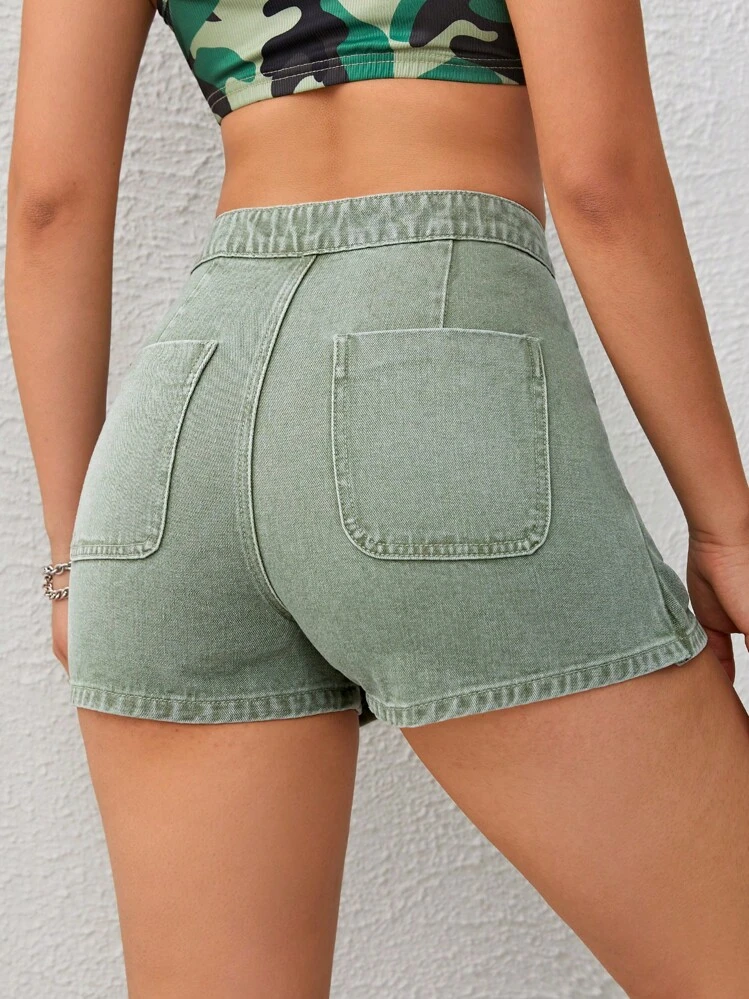 SHEIN EZwear Botão Frontal Skort Denim - Verde - Visão 3