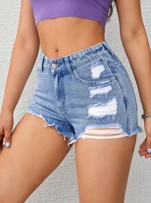 SHEIN EZwear 毛邊破洞牛仔短褲 - 淺色水洗藍 - 查看 1