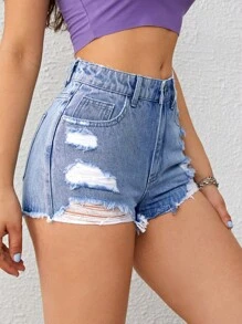 SHEIN EZwear 毛邊破洞牛仔短褲 - 淺色水洗藍 - 查看 6