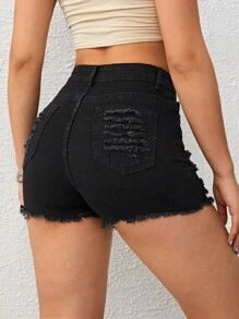 破洞毛邊牛仔短褲 - 黑色 - 查看 3
