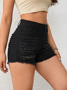 破洞毛邊牛仔短褲 - 黑色 - 查看 4