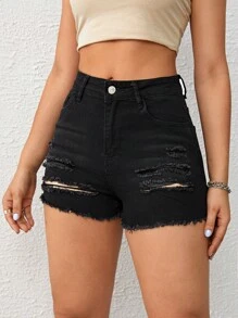 破洞毛邊牛仔短褲 - 黑色 - 查看 6