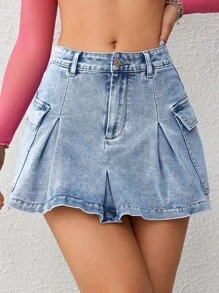 SHEIN Qutie Flap Pocket Denim Skirt - Light Wash - View 5