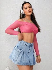 SHEIN Qutie Flap Pocket Denim Skirt - Light Wash - View 2