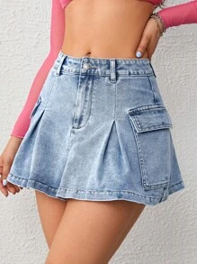 SHEIN Qutie Flap Pocket Denim Skirt - Light Wash - View 1