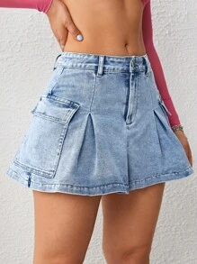SHEIN Qutie Flap Pocket Denim Skirt - Light Wash - View 4