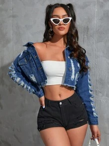 SHEIN EZwear Ripped Raw Hem Crop Denim Jacket - Navy Blue - View 6
