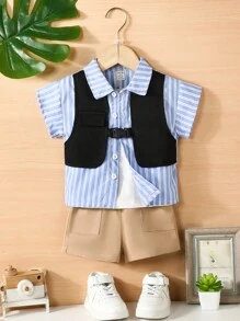 SHEIN Baby Boy Striped Print 2 In 1 Shirt & Dual Pocket Shorts - Multicolor - View 1