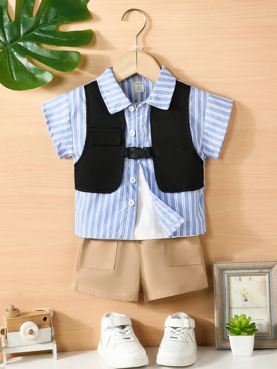 SHEIN Baby Boy Striped Print 2 In 1 Shirt & Dual Pocket Shorts - Multicolor - View 1