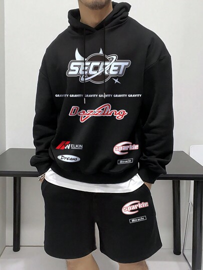 Guys Slogan Graphic Drawstring Hoodie & Shorts