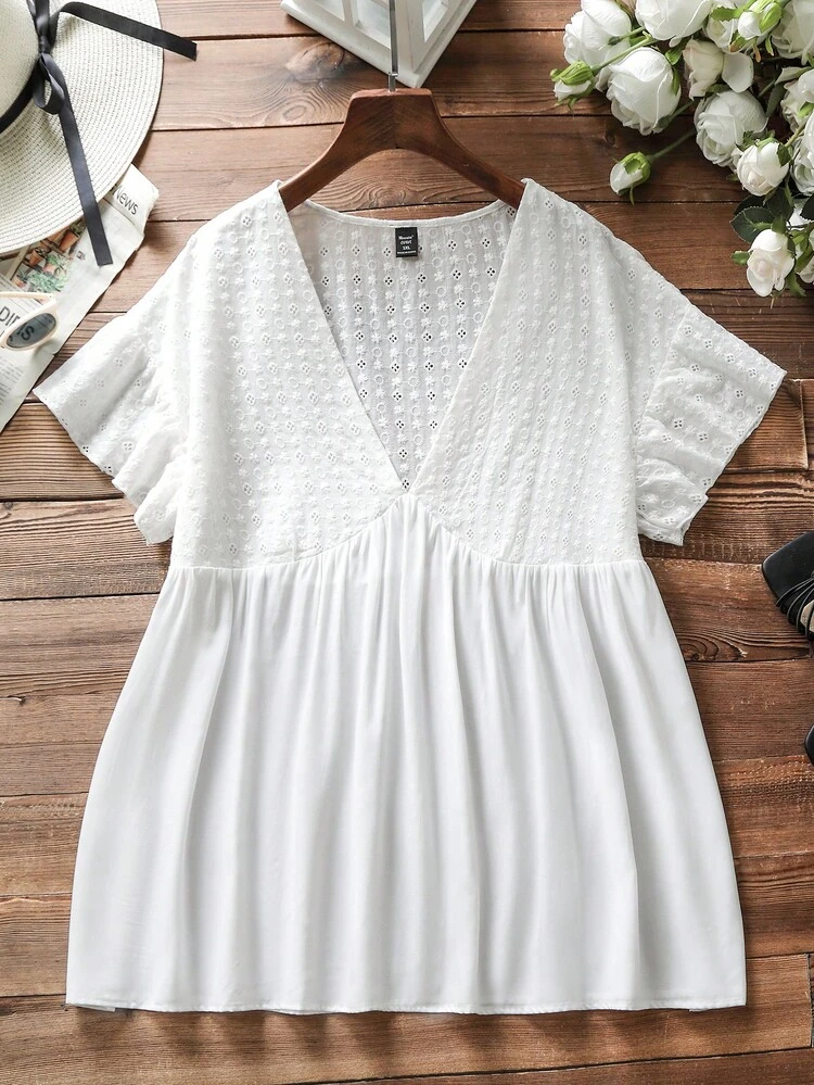 SHEIN LUNE Plus Swiss Dot Peplum Blouse - White - View 4