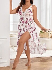 Plus Floral Print Contrast Lace Asymmetrical Hem Mesh Cami Pajama Nightdress - Multicolor - View 1