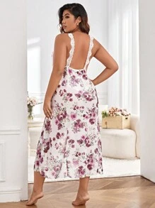Plus Floral Print Contrast Lace Asymmetrical Hem Mesh Cami Pajama Nightdress - Multicolor - View 2