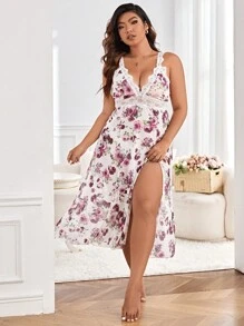 Plus Floral Print Contrast Lace Asymmetrical Hem Mesh Cami Pajama Nightdress - Multicolor - View 3