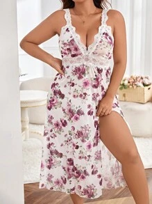 Plus Floral Print Contrast Lace Asymmetrical Hem Mesh Cami Pajama Nightdress - Multicolor - View 4
