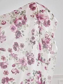 Plus Floral Print Contrast Lace Asymmetrical Hem Mesh Cami Pajama Nightdress - Multicolor - View 6