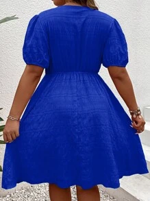 SHEIN Holidaya Plus Plunge Neck Puff Sleeve Dress - Royal Blue - View 2