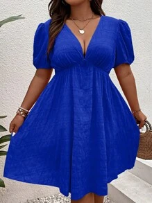 SHEIN Holidaya Plus Plunge Neck Puff Sleeve Dress - Royal Blue - View 3