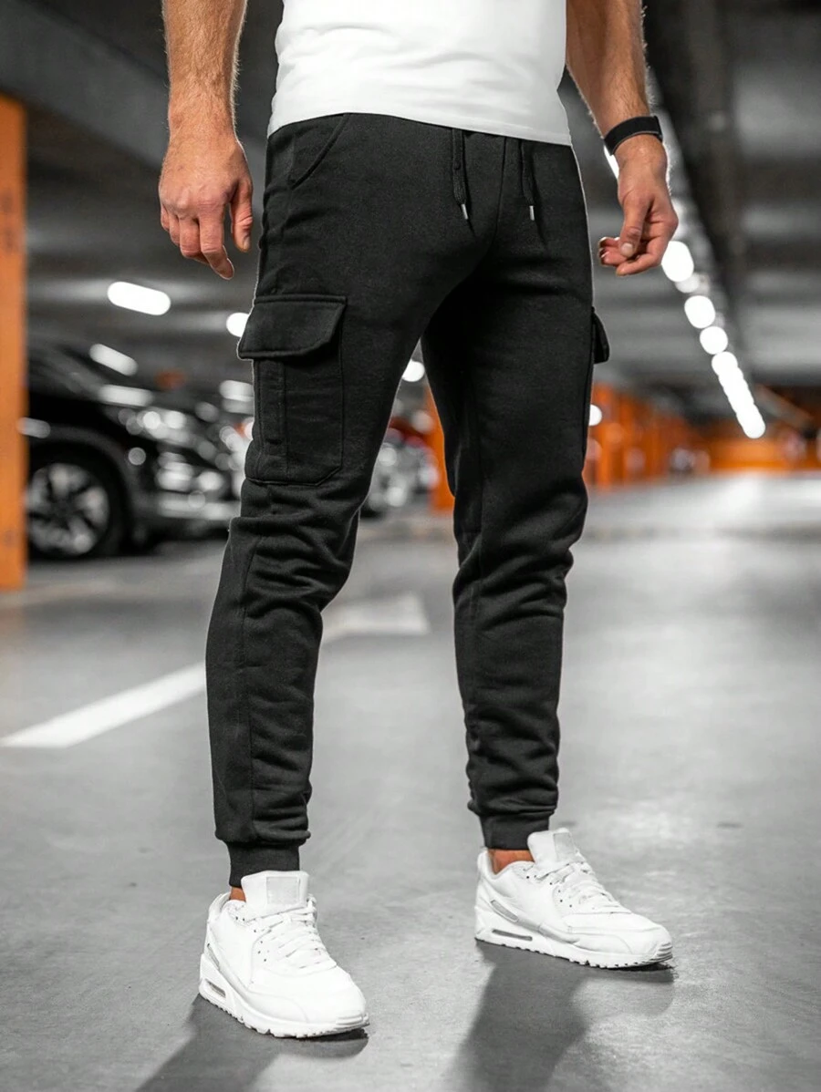 Manfinity Homme Men Flap Pocket Side Drawstring Waist Cargo Trousers - Black - View 1