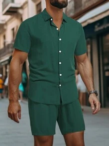 Manfinity Homme Men Solid Shirt & Drawstring Waist Shorts Set Without Tee - Green - View 1