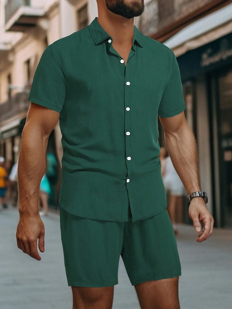 Manfinity Homme Men Solid Shirt & Drawstring Waist Shorts Set Without Tee - Green - View 1