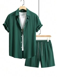 Manfinity Homme Men Solid Shirt & Drawstring Waist Shorts Set Without Tee - Green - View 4