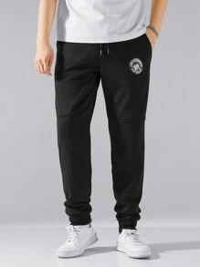 Manfinity Hypemode 男士山和字母圖案腰部抽繩衛褲 - 黑色 - 查看 4