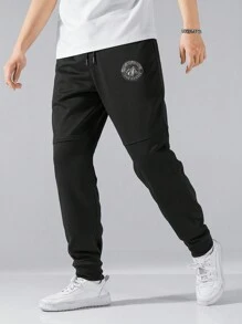 Manfinity Hypemode 男士山和字母圖案腰部抽繩衛褲 - 黑色 - 查看 5