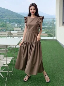 DAZY Solid Ruffle Hem Dress - Coffee Brown - View 1