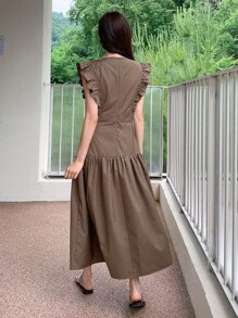 DAZY Solid Ruffle Hem Dress - Coffee Brown - View 2