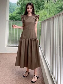 DAZY Solid Ruffle Hem Dress - Coffee Brown - View 4