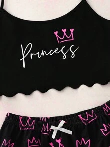 皇冠和字母图案生菜边饰睡衣套装/睡衣套装 - 玫紅色 - 查看 4