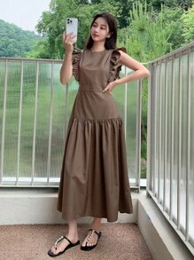 DAZY Solid Ruffle Hem Dress - Coffee Brown - View 6