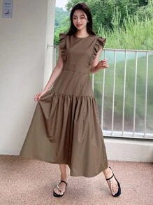 DAZY Solid Ruffle Hem Dress - Coffee Brown - View 7