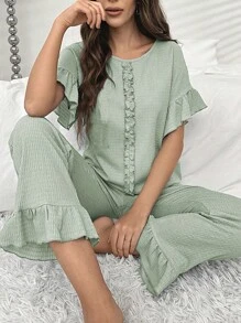Flare Sleeve Ruffle Trim PJ Set - Mint Green - View 1