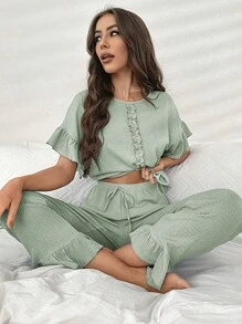 Flare Sleeve Ruffle Trim PJ Set - Mint Green - View 6